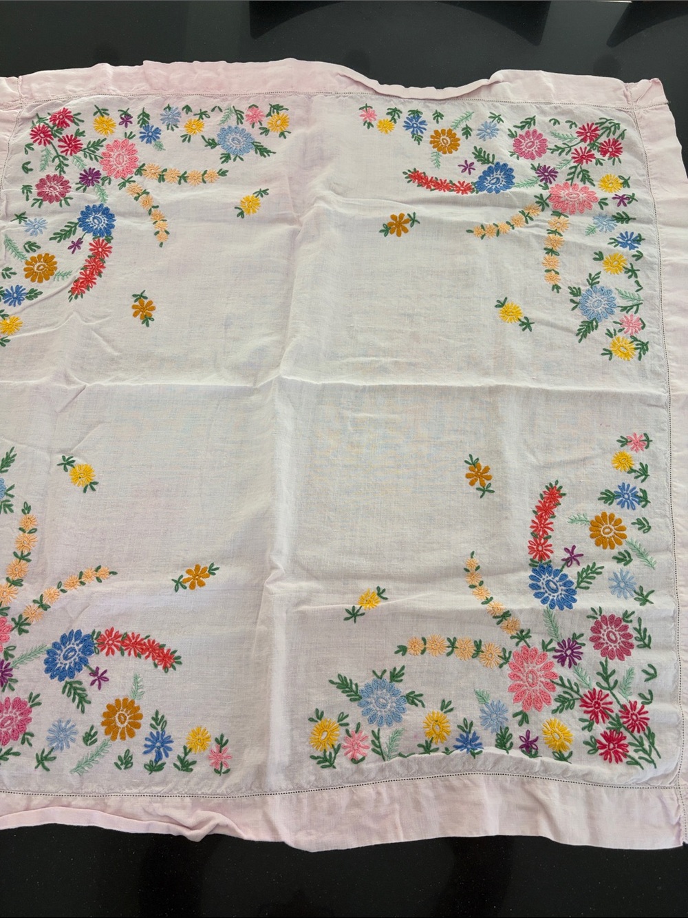 Vintage pink floral linen tablecloth